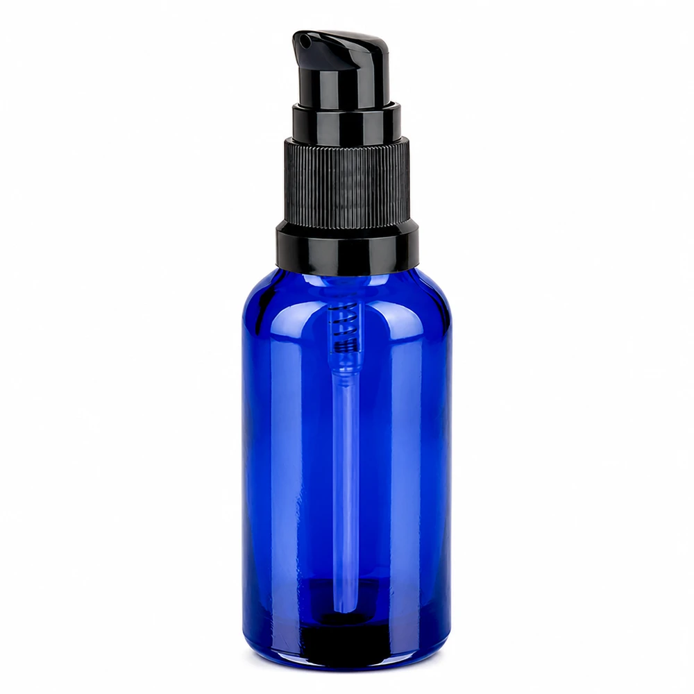 Flacone a pompa da 30 ml nero STD BlueLine UT18/30 Flacone a pompa sottile blu con capacità di 30 ml e pulsante di dosaggio nero per liquidi