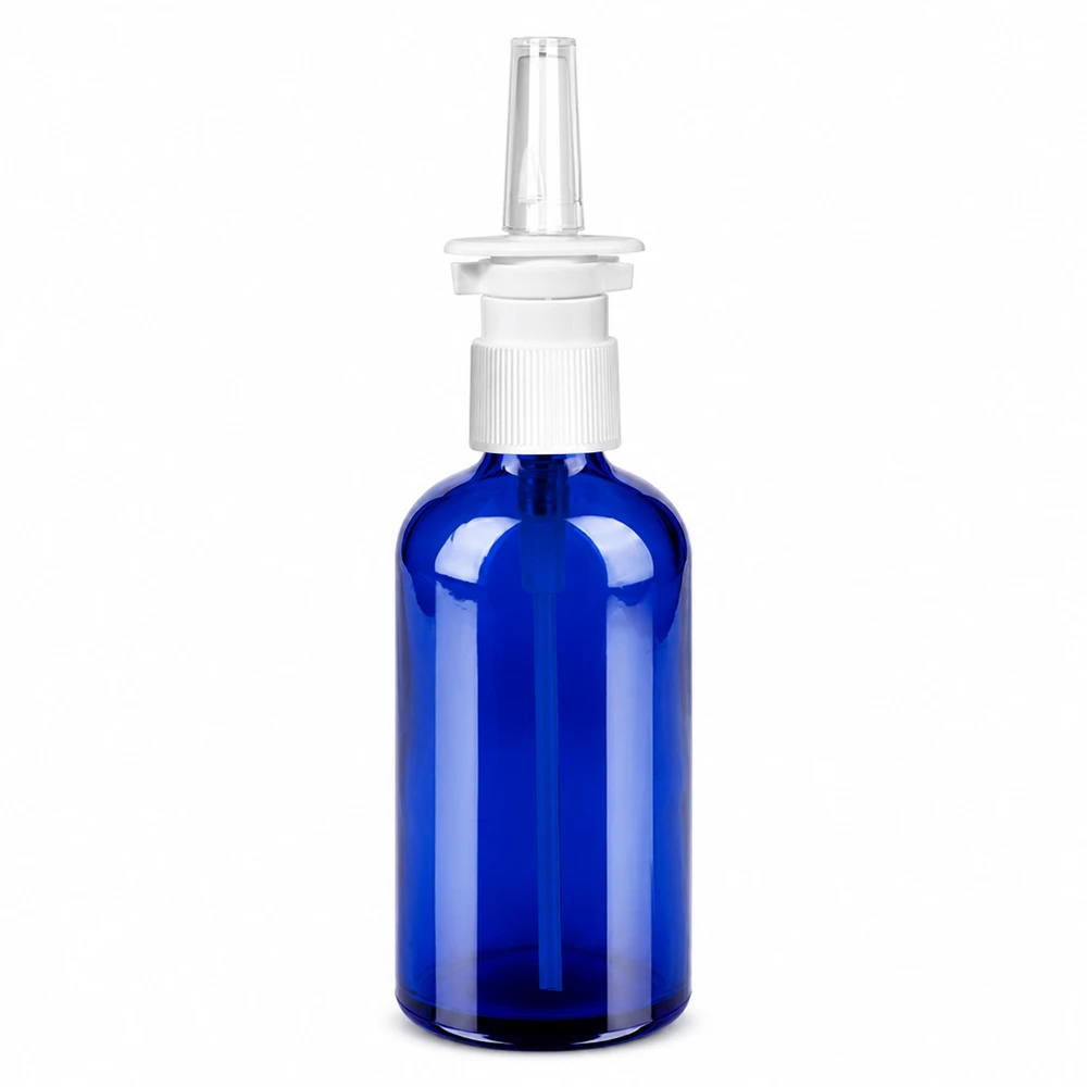 Flacone spray nasale da 100 ml c/tr. STD BlueLine UT18/100 Flacone spray nasale in vetro blu da 100 ml con attacco spray bianco per applicazioni mediche