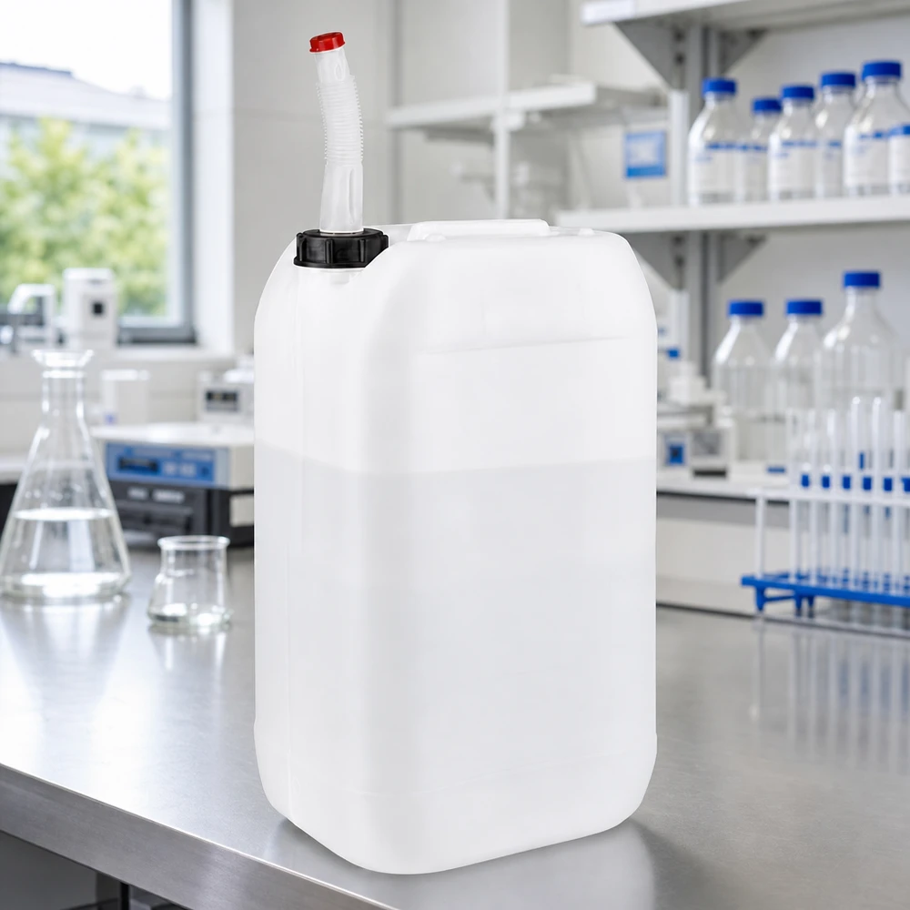 Tanica da laboratorio da 15 L con tappo a vite nero e beccuccio flessibile in HDPE