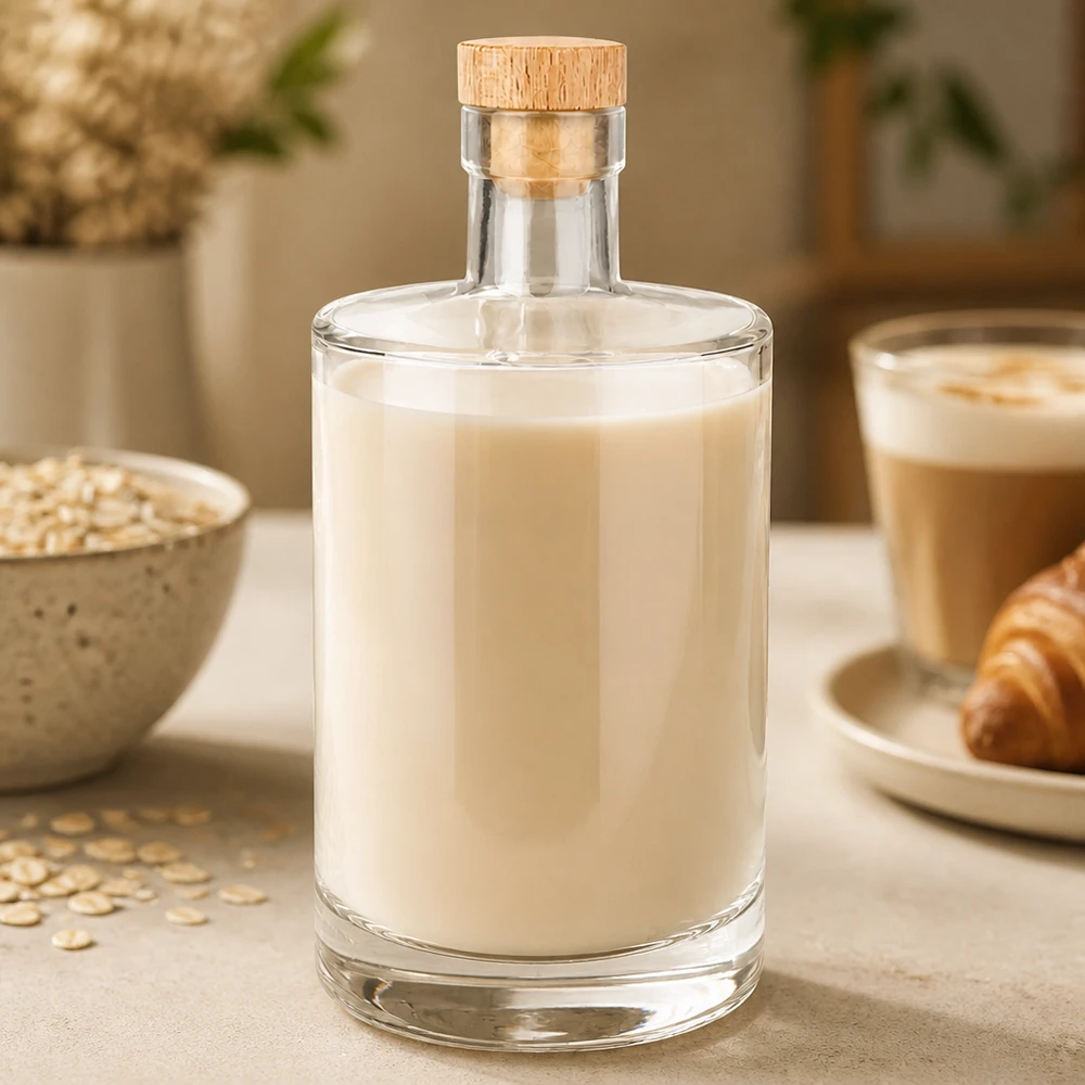 Bottiglia in vetro Marie da 700 ml con contenuto di latte d'avena cremoso e tappo in legno accanto a fiocchi d'avena e tazza di caffè