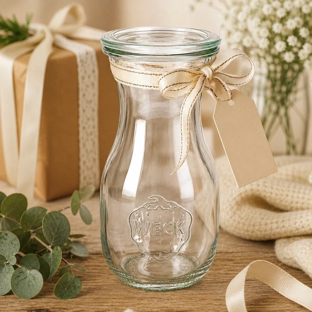 Bottiglia per succhi da 290 ml con coperchio in vetro WECK RR60 Bottiglia di succo WECK 290ml RR60 come idea regalo, decorata con fiocco e cartellino accanto alla confezione regalo e ai fiori