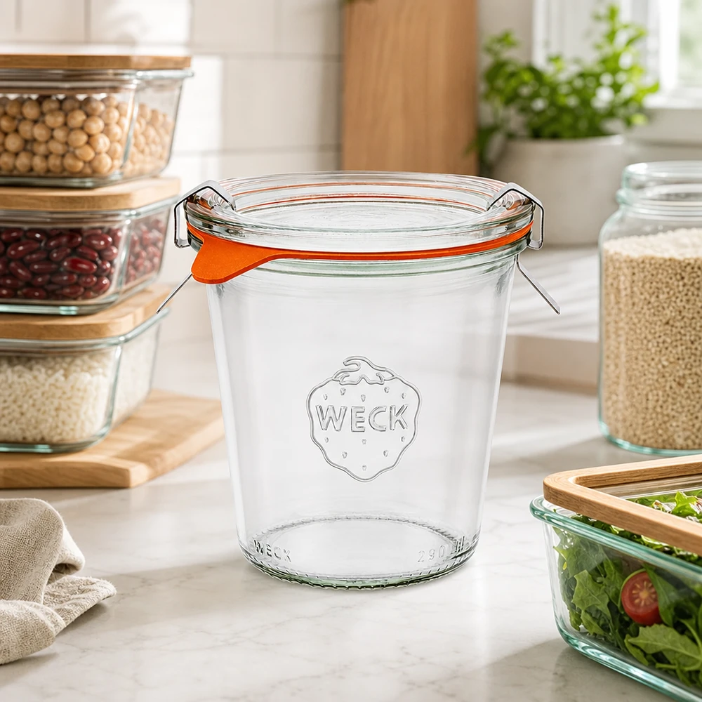 Bicchieri alti da 290 ml completi WECK RR80 Barattolo per conserve WECK da 290 ml RR80 con anello in gomma arancione e coperchio girevole in cucina moderna con barattoli di stoccaggio