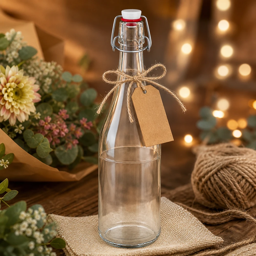 Bottiglia di vetro 750ml swing top PVC UNiTWIST confezione regalo carta artigianale ciondolo decorazione rustica