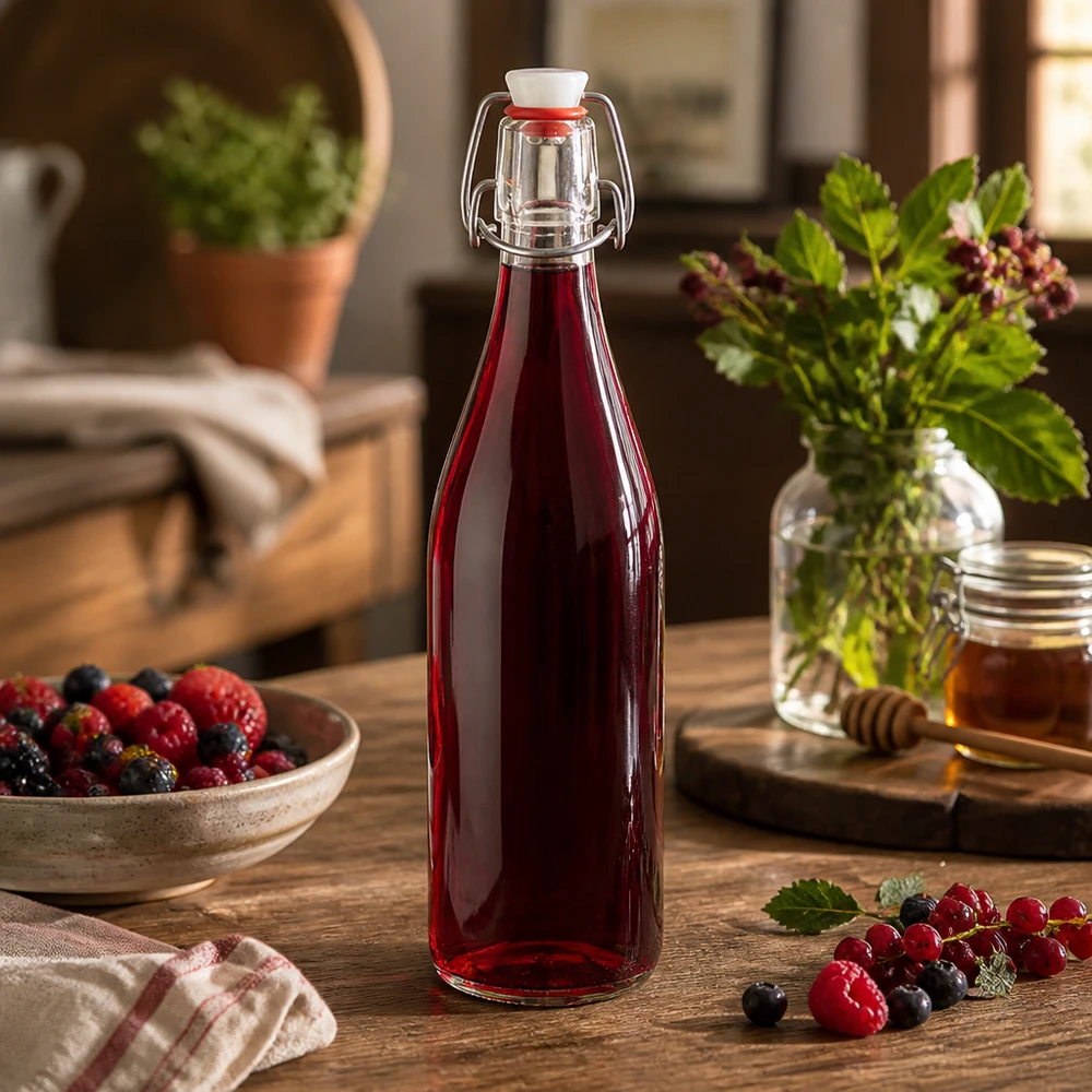 Bottiglia di vetro da 500 ml con tappo oscillante contenente succo di bacche rosse su un tavolo di legno accanto a bacche fresche e miele in cucina