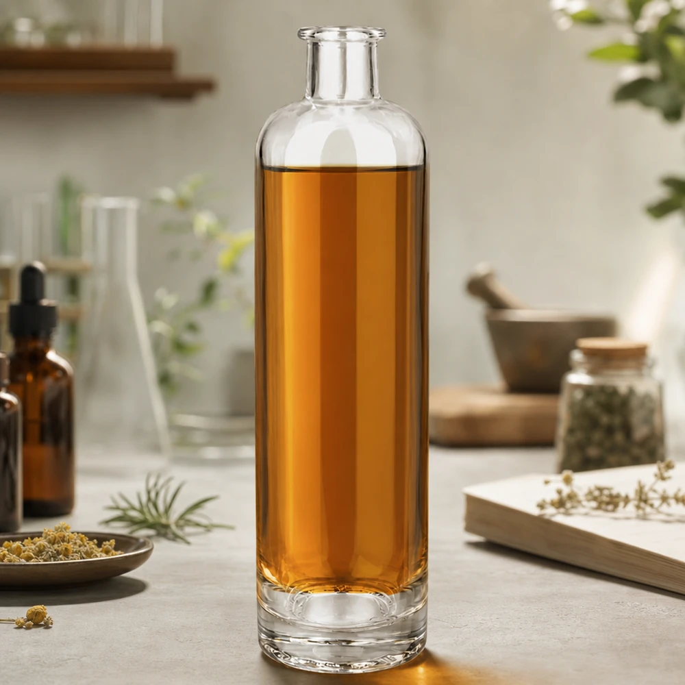 Bottiglia in vetro da 500 ml Ella senza tappo UNiTWIST® Bottiglia di vetro da 500 ml Ella UNiTWIST riempita di camomilla circondata da erbe e prodotti naturali Scena di vita
