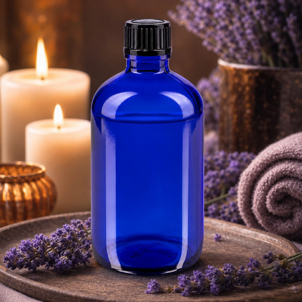 Flacone contagocce blu da 100 ml STD nero/1mm ApoGlas Elegante flacone contagocce da 100 ml in vetro da farmacia blu cobalto con dosatore di precisione da 1 mm