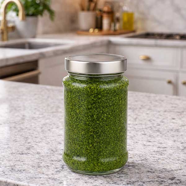 Barattolo di vetro rotondo da 390 ml con coperchio BasicSeal argento UNiTWIST