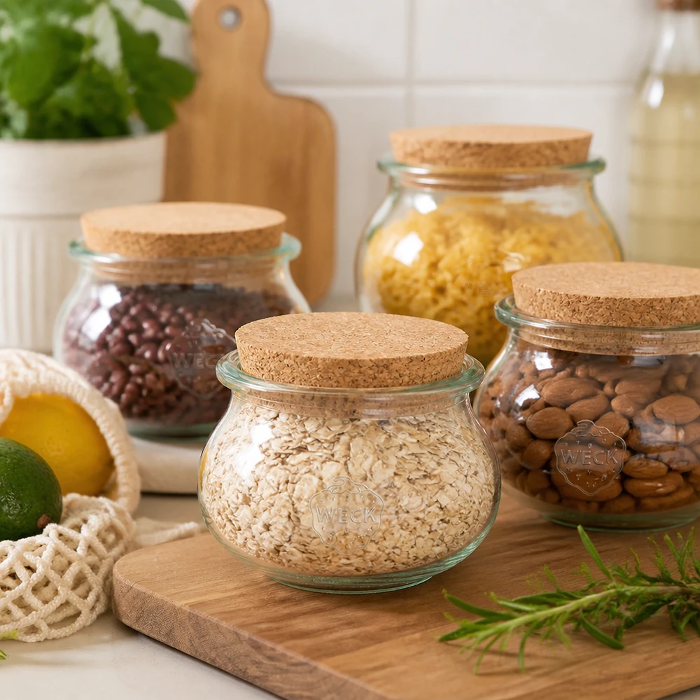 Vaso per gioielli WECK RR80 da 560 ml con tappo in sughero naturale WECK barattolo decorativo 560ml RR80 con coperchio in sughero Set di conservazione per farina d'avena noci legumi Organizzazione della cucina