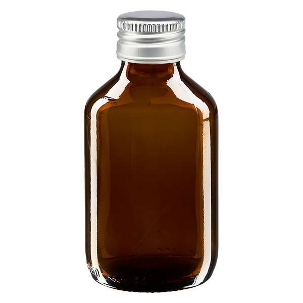 Flacone per medicinali da 150 ml marrone, con tappo in alluminio argentato Flacone per medicinali da 150 ml marrone, con tappo in alluminio argentato