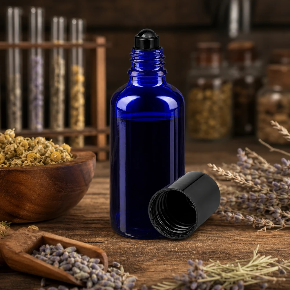 Flacone roll-on 50ml blu STD nero ApoGlas Flacone roll-on da 50 ml blu cobalto con applicatore a sfera nero, tra erbe essiccate e lavanda