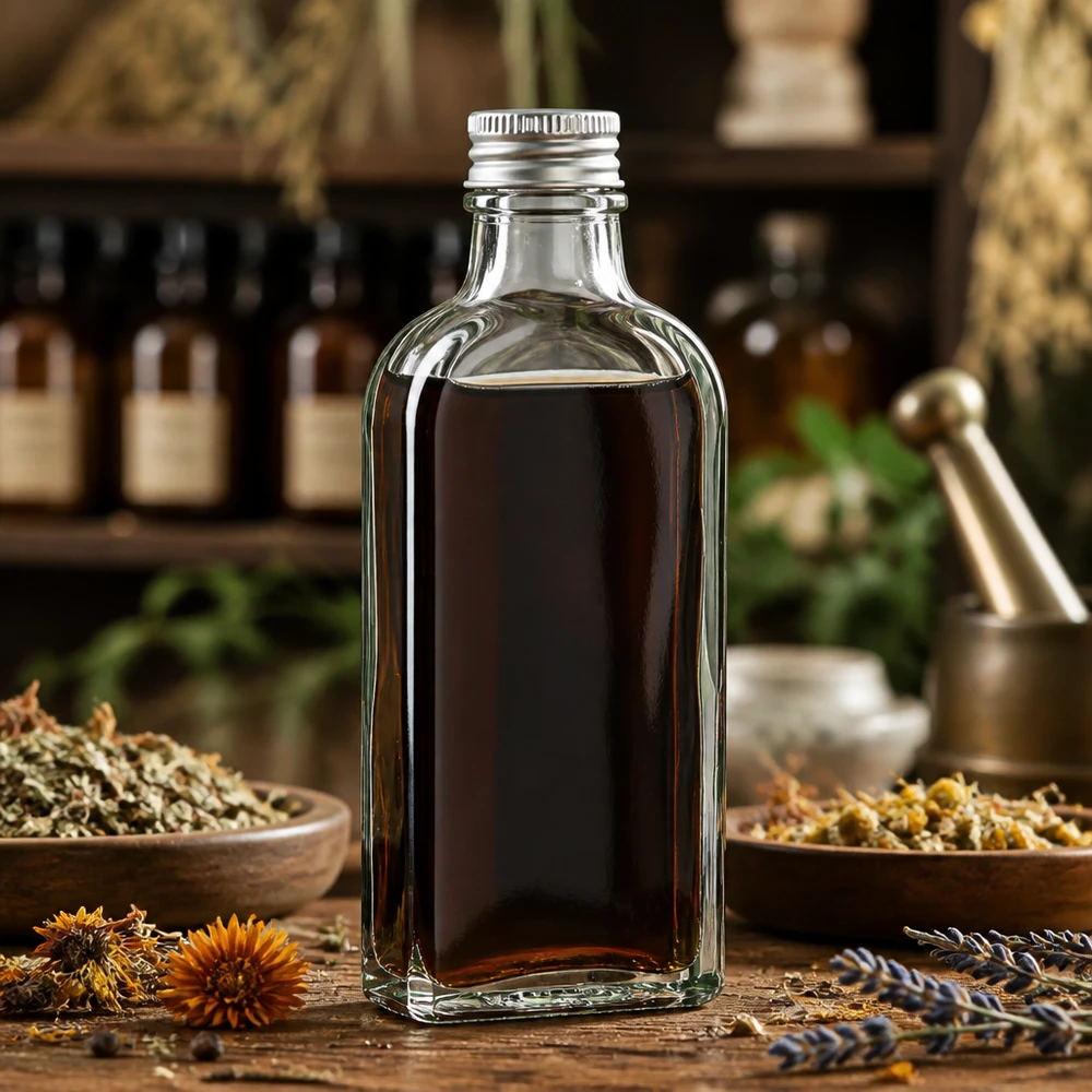 Bottiglia da 100 ml trasparente DIN22 Flacone trasparente da 100 ml con fondo piatto e tappo in alluminio DIN22, circondato da erbe medicinali