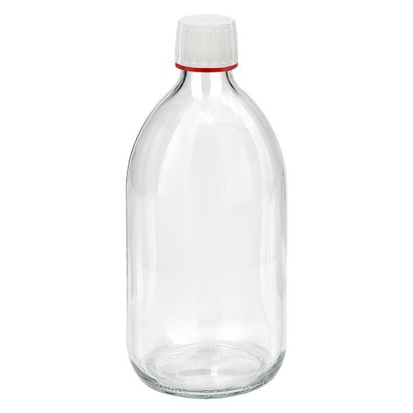 Flacone per medicinali da 500 ml trasparente, tappo bianco con chiusura antimanomissione Flacone per medicinali da 500 ml trasparente, tappo bianco con chiusura antimanomissione