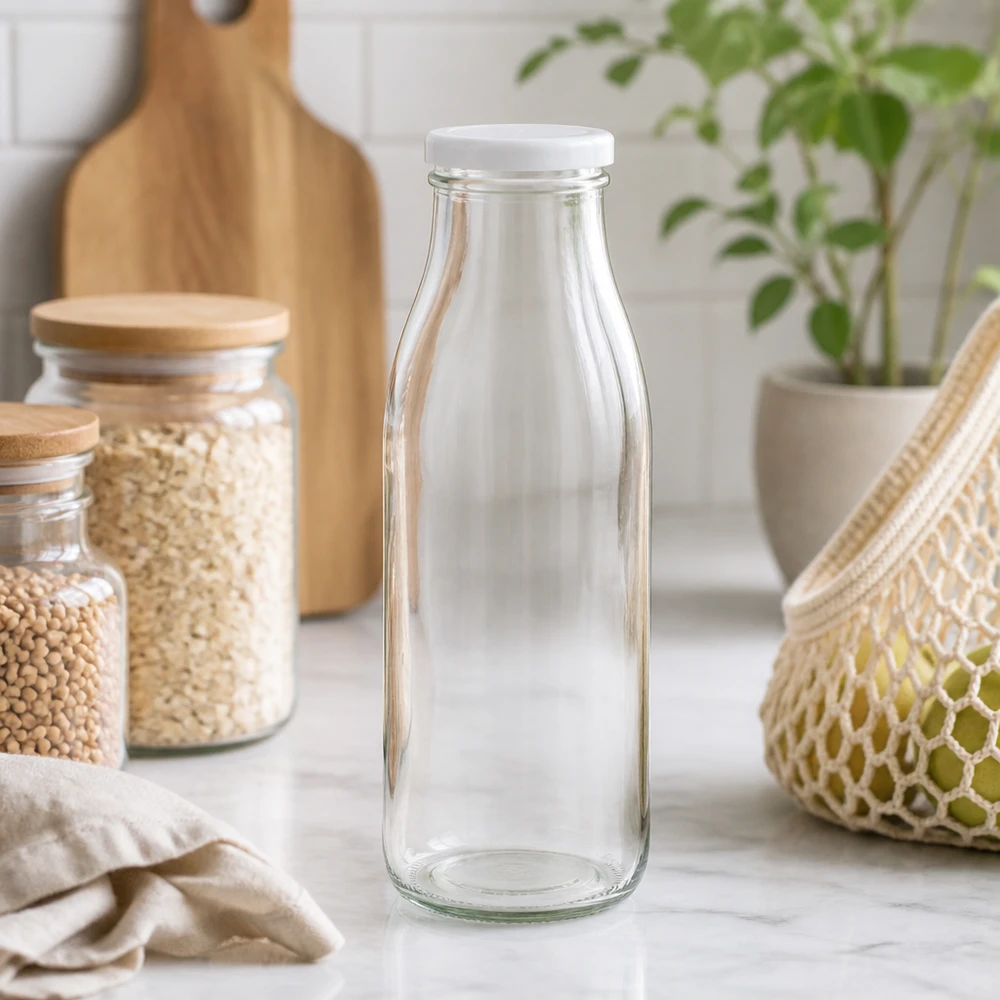 Bottiglia di vetro da 500 ml + coperchio BasicSeal bianco UN.. Bottiglia di vetro da 500 ml vuota in un ambiente di cucina naturale con vasi e piante Scatto di stile di vita