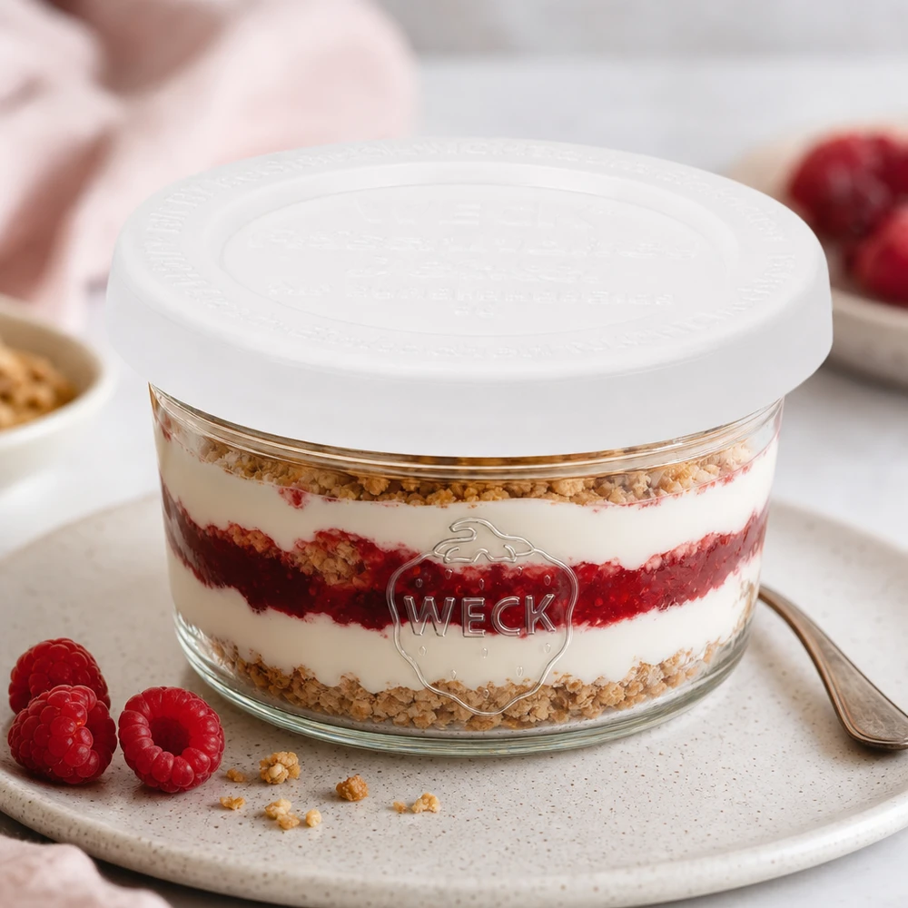 Bicchieri WECK da 50 ml RR60 con dessert a strati e lamponi come variante di dessert su un piatto da portata bianco