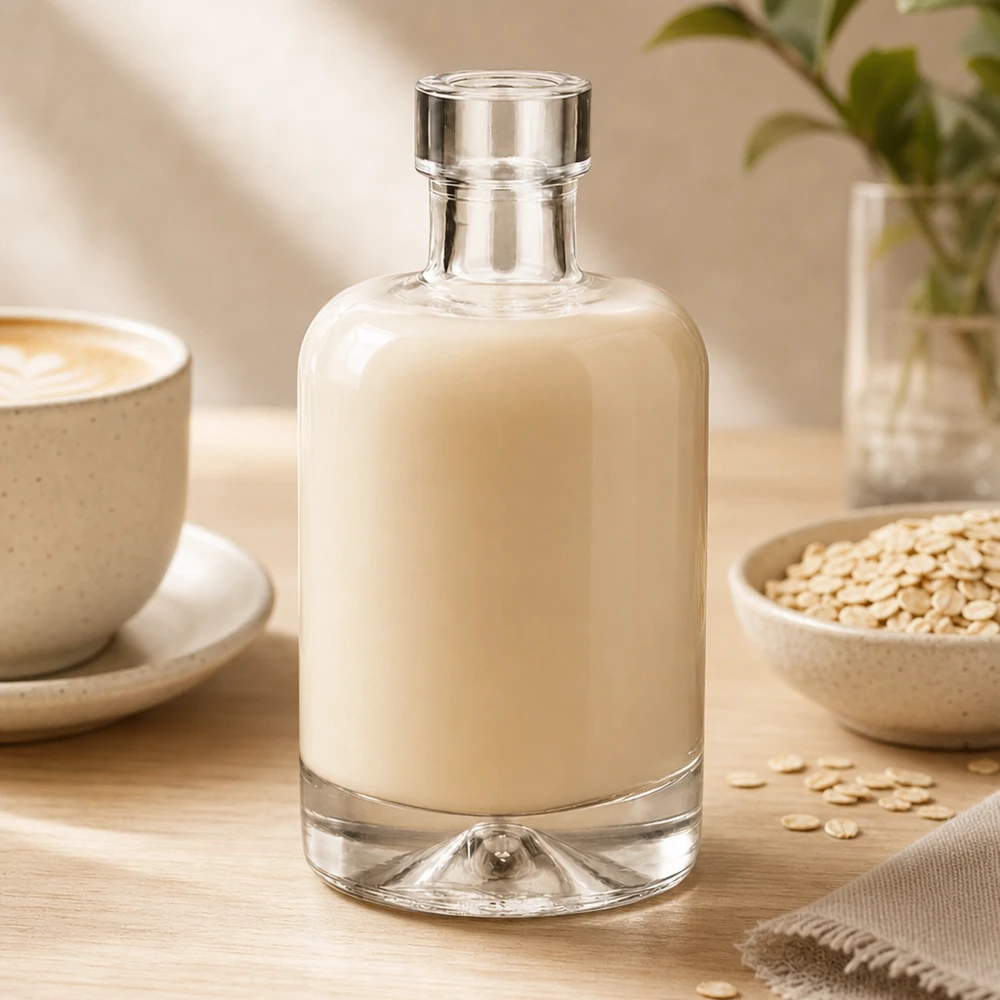 Bottiglia in vetro da 50 ml 50ml Glasflasche "Amelie" ohne Verschluss UNiTWIST senza tappo UNiTWIST® Bottiglia di vetro da 50 ml di Amelie riempita di latte d'avena circondata da fiocchi d'avena mostra l'uso di un'alternativa di latte a base vegetale
