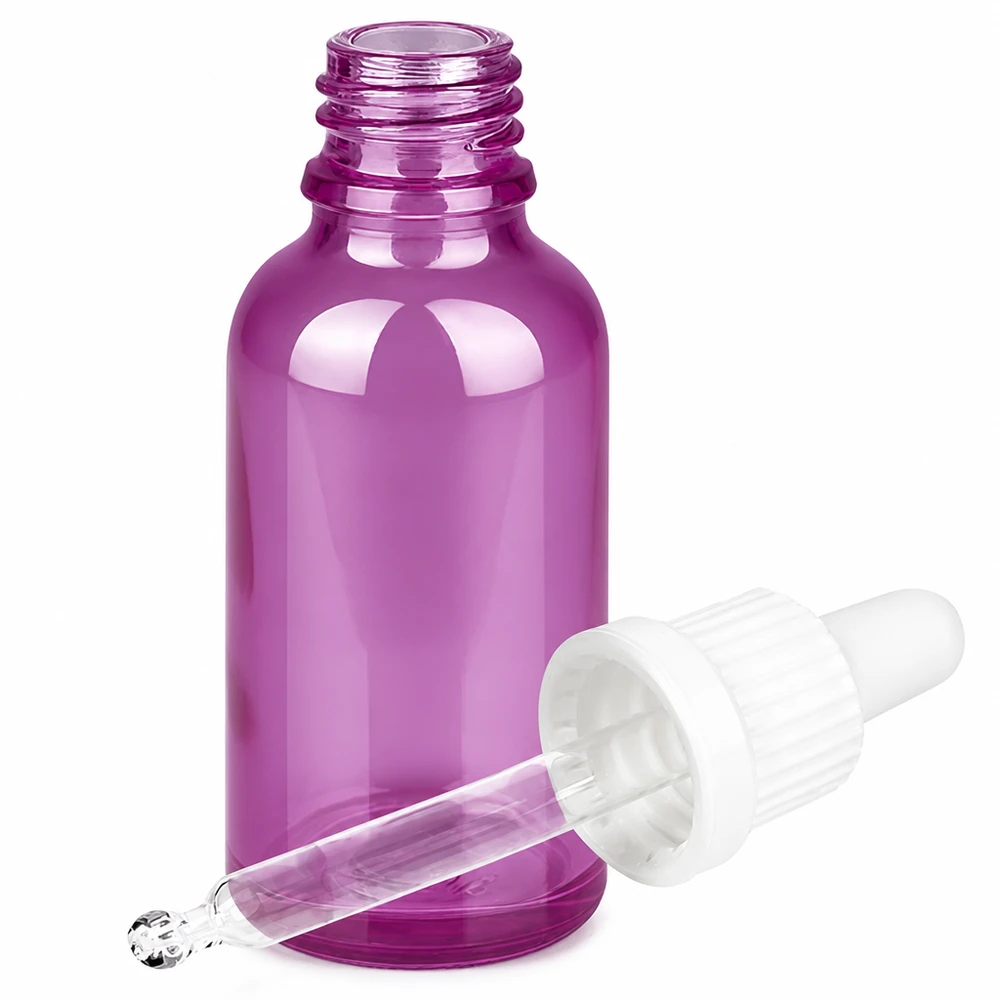 Bottiglia per pipette da 30 ml con tappo a vite bianco originalità PurpleLine UT18/30 Flacone di alta qualità da 30 ml di colore viola trasparente con tappo per pipetta bianco con filettatura UT18