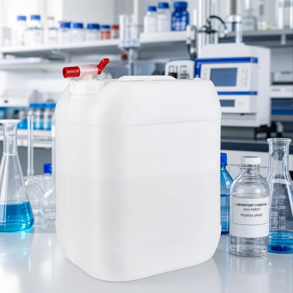Tanica da 20 litri con rubinetto di scarico Tanica rettangolare da 20 litri con tappo a vite e rubinetto rosso in ambiente di laboratorio