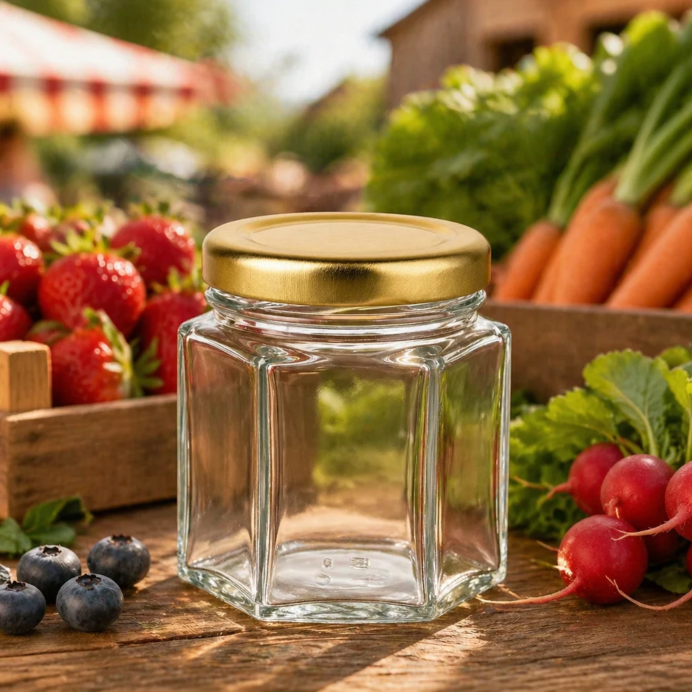 Vasetto per miele da 60 g con capsula dorata BasicSeal UNiTWIST Vasetto di miele da 60 g esagonale vuoto su tavolo di legno tra verdure fresche del mercato fragole carote e ravanelli