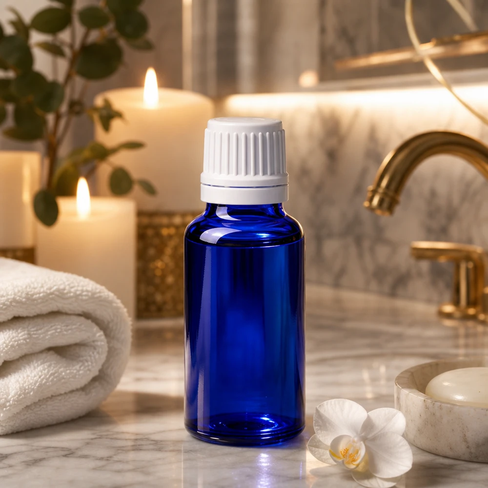 Flacone di vetro blu da 20 ml con tappo contagocce bianco su una superficie di marmo, accanto a candele e un'orchidea