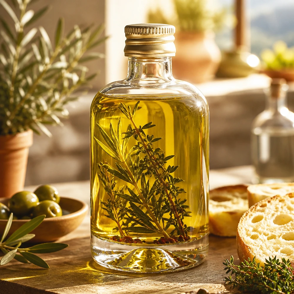 Bottiglia in vetro Sara da 40 ml con olio alle erbe e rametti di rosmarino - tappo UNiTWIST dorato in stile mediterraneo
