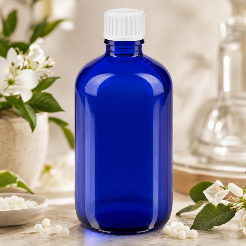 Flacone contagocce blu da 100 ml STD bianco/0,9 mm ApoGlas Dosaggio preciso con flacone contagocce blu da 100 ml con apertura da 0,9 mm per l'omeopatia e la medicina naturale