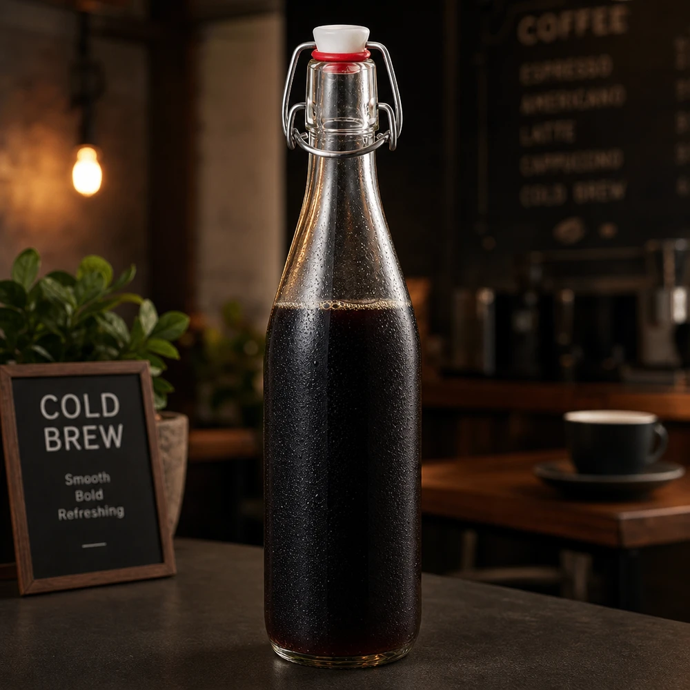 Bottiglia di vetro da 500 ml con tappo girevole riempita di caffè cold brew nell'atmosfera di un bar accanto a un cartellone pubblicitario