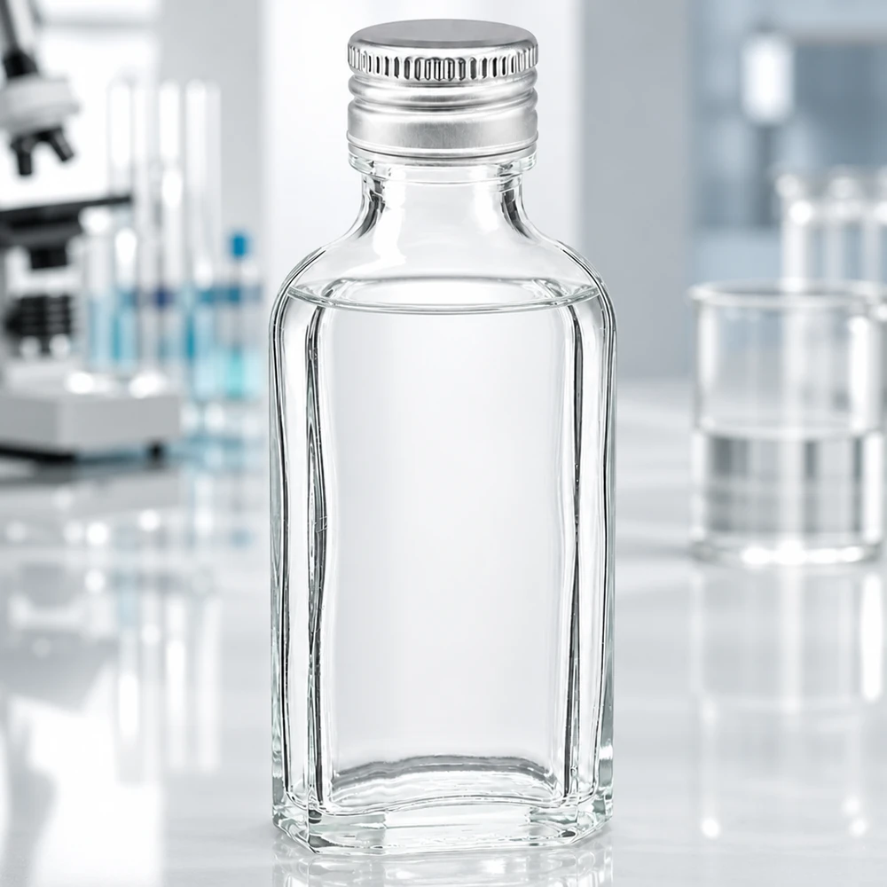 Fiaschetta da laboratorio Meplat in miniatura da 50 ml in vetro trasparente con tappo in alluminio PP22 per uso scientifico
