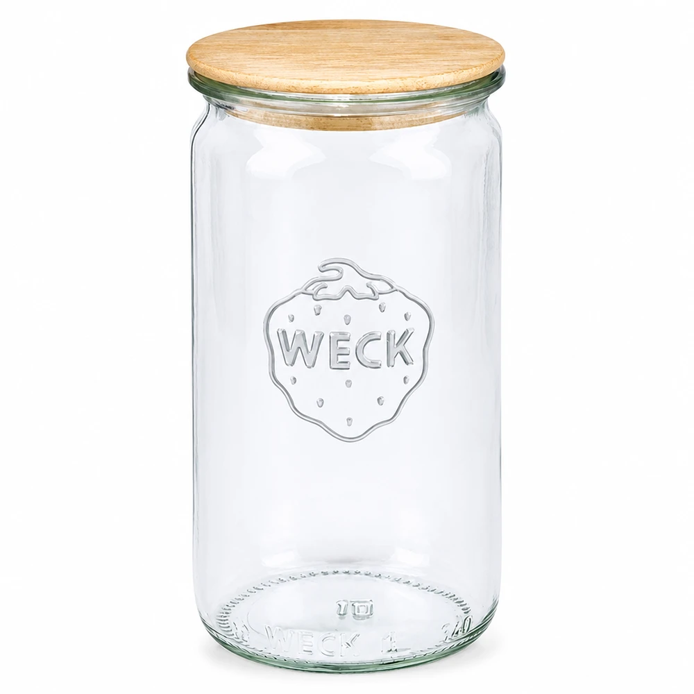 Barattolo cilindrico da 340 ml WECK RR60 con coperchio in legno Vaso cilindrico WECK 340ml RR60 con coperchio in legno Vaso per conserve trasparente in vetro con coperchio in legno naturale
