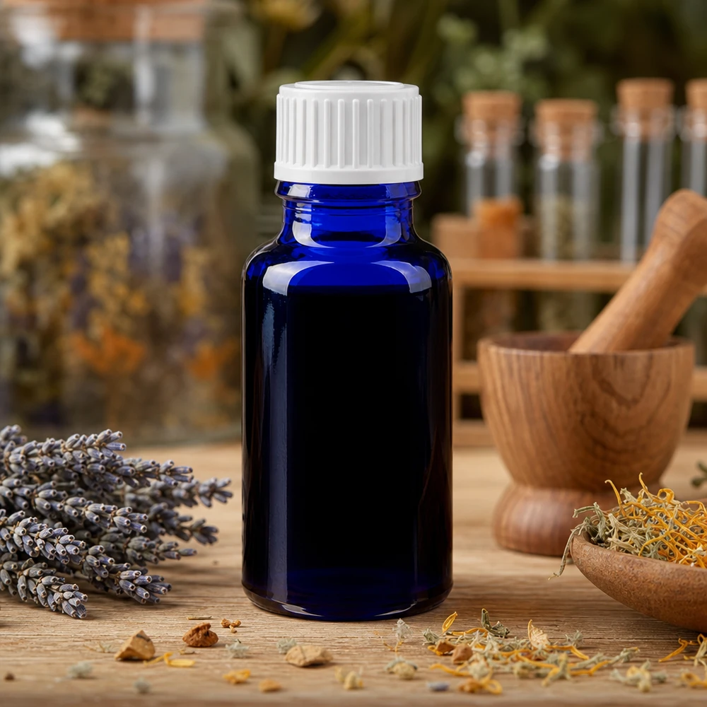 Piccolo flacone da farmacia blu da 20 ml con tappo a vite bianco, accanto a un mortaio e ad alcune erbe