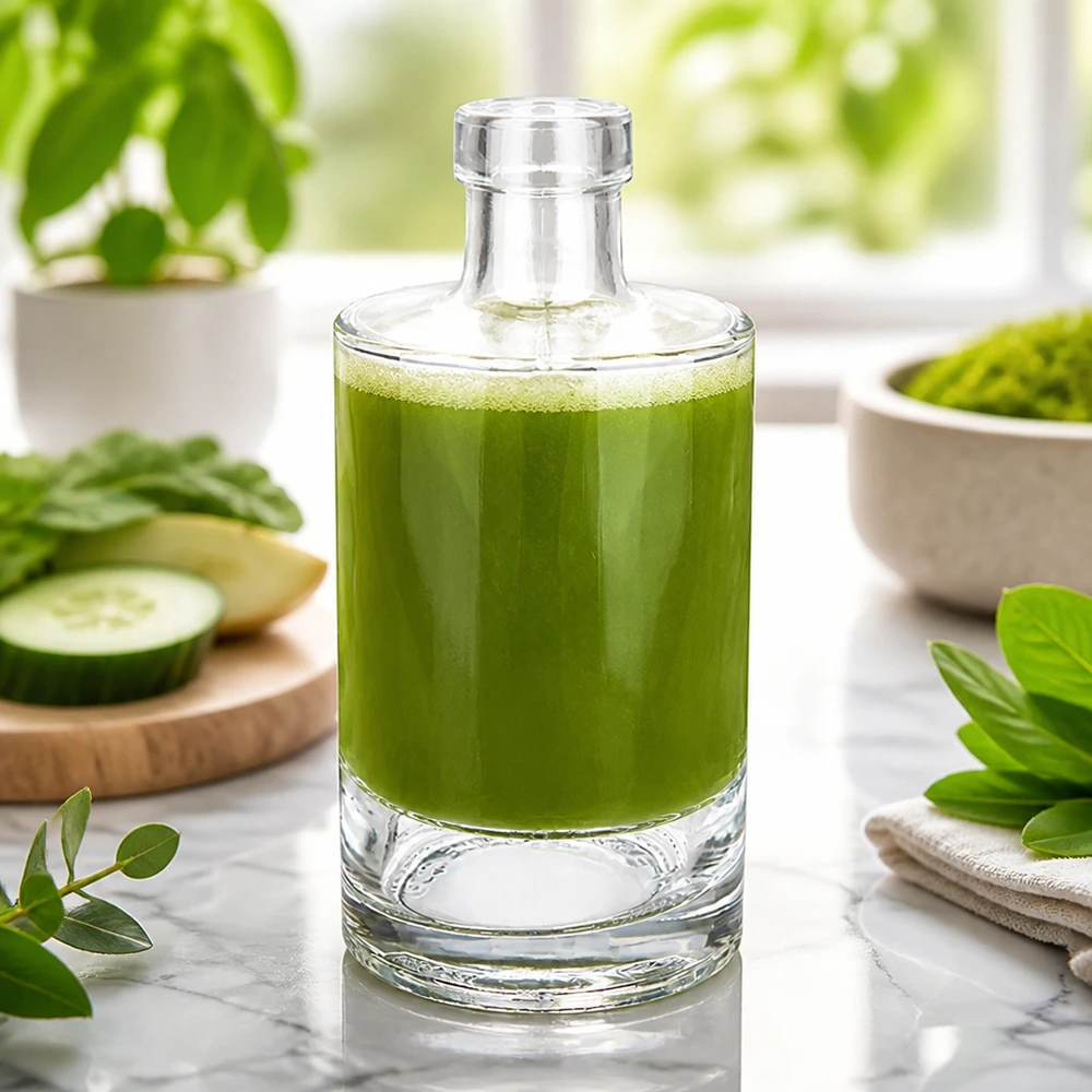 Bottiglia in vetro da 350 ml Marie senza tappo UNiTWIST® 350ml Glasflasche Marie mit grünem Smoothie befüllt neben Gurken und Kräutern gesunde Ernährung Bild 4 von 10