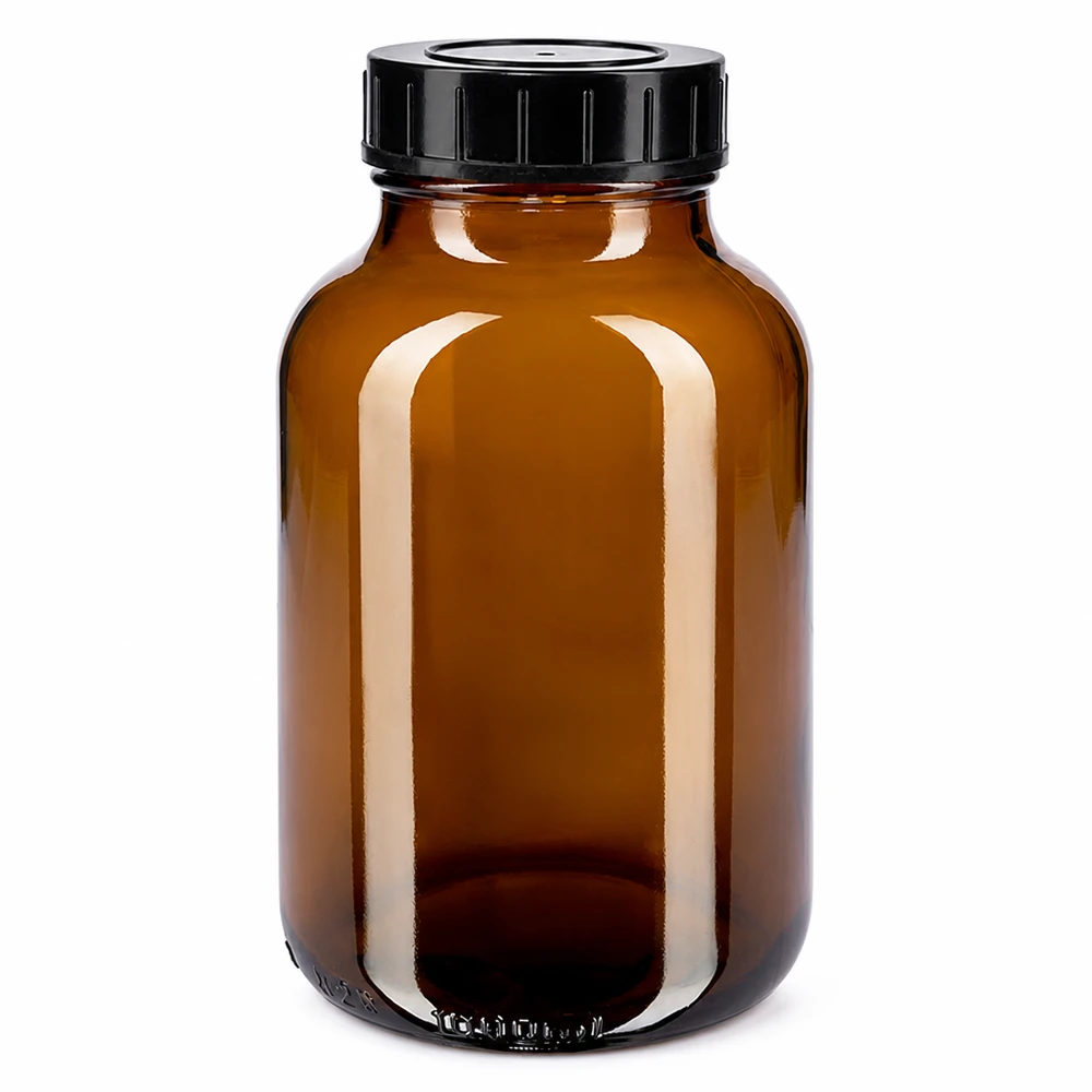 Bottiglia a collo largo da 1000ml in vetro ambrato con tappo a vite Bottiglia a collo largo da 1000 ml in vetro ambrato con tappo a vite nero per la conservazione