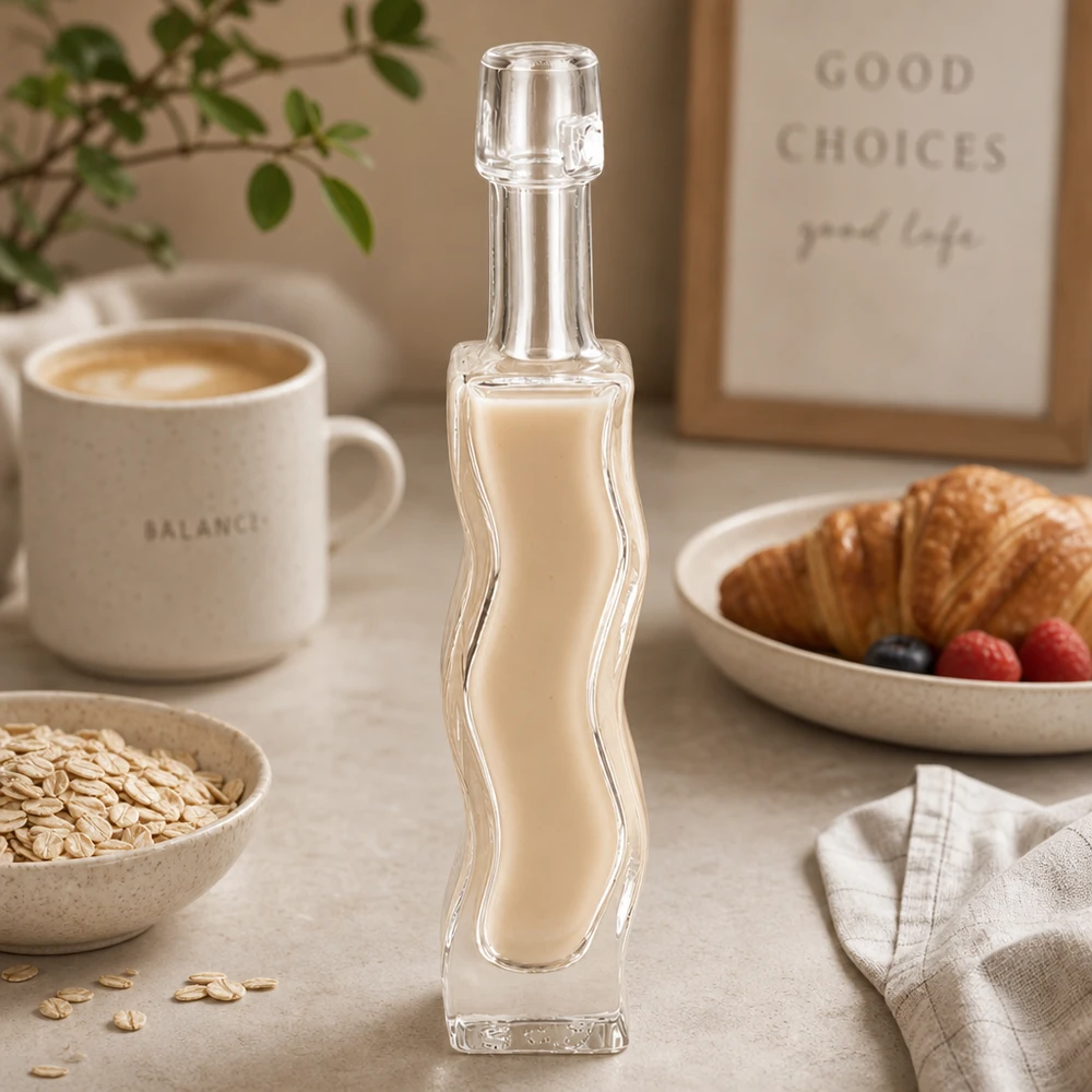 Flacone in vetro da 40 ml Fila senza tappo UNiTWIST® 40ml Glasflasche Anna mit cremigem Hafermilch-Getränk befüllt Frühstückstisch-Szenerie vegane Milchalternative Lifestyle