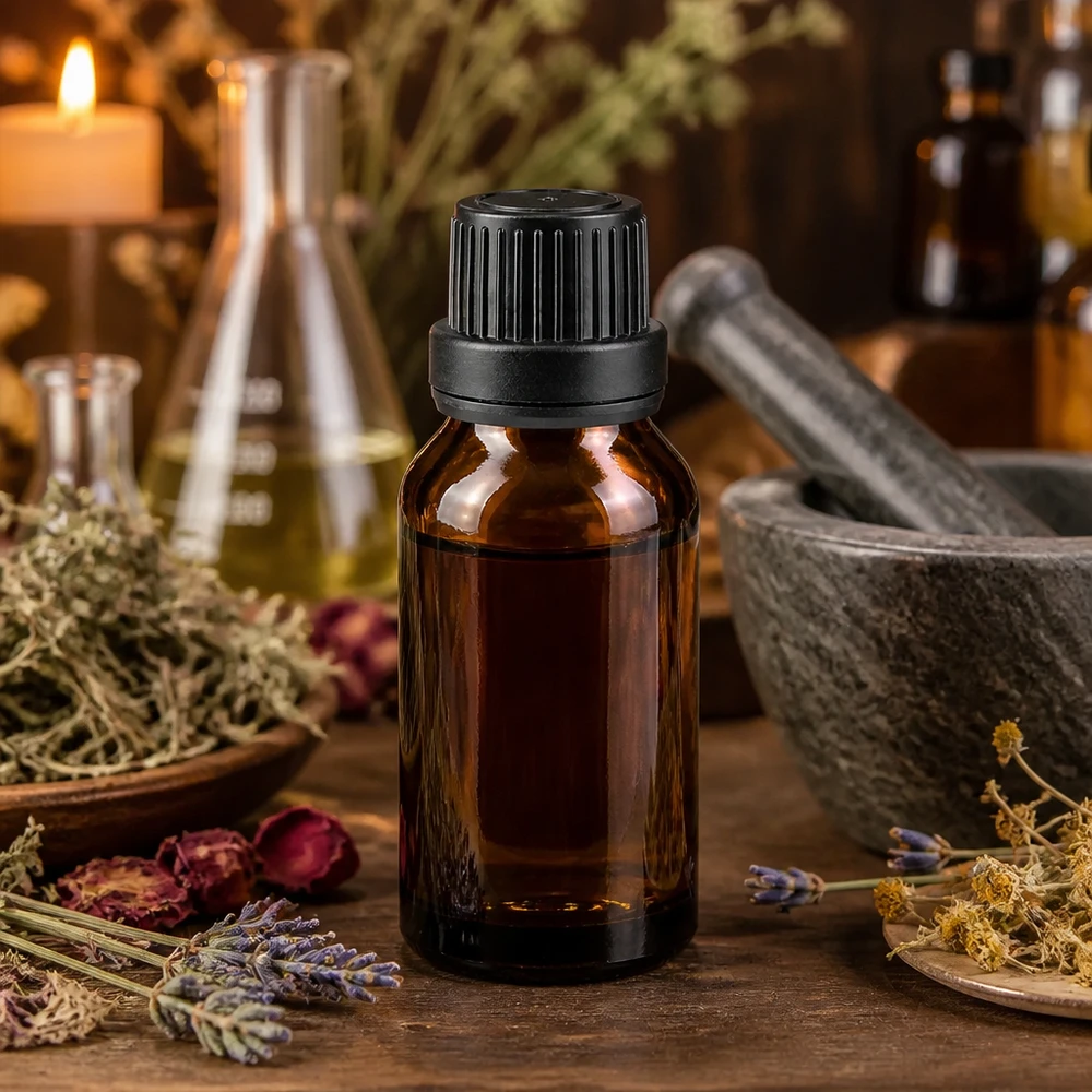 Olio essenziale in flacone da farmacia marrone da 15 ml con tappo a vite, tra erbe essiccate e un mortaio