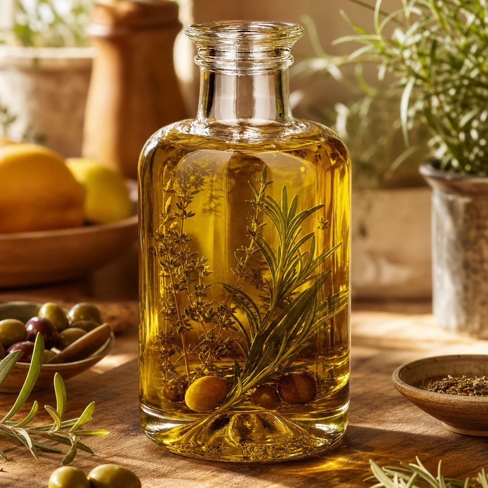 Bottiglia di vetro da 100 ml di Sofia riempita di olio alle erbe disposta in modo decorativo con olive ed erbe fresche su un tavolo di legno