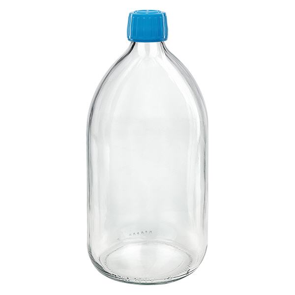 Flacone per medicinali da 1000ml trasparente, tappo blu antimanomissione Flacone per medicinali da 1000ml trasparente, tappo blu antimanomissione