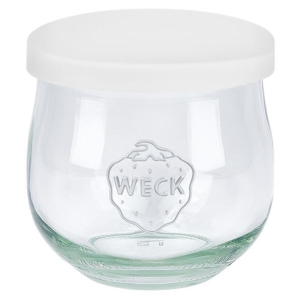 Vaso a tulipano WECK da 370 ml con coperchio in silicone bianco