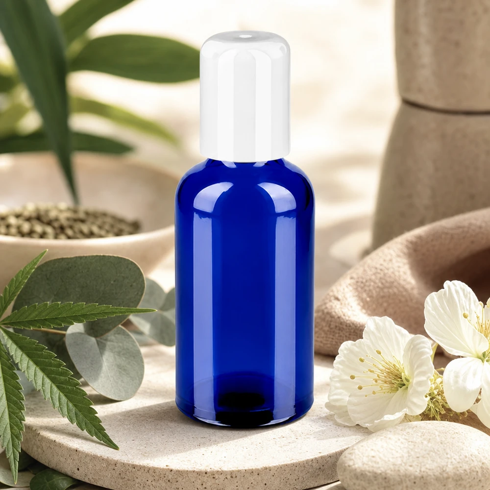 Flacone roll-on da 50 ml bianco STD BlueLine UT18/50 Flacone in vetro riutilizzabile da 50 ml con sistema roll-on per la cura del corpo sostenibile