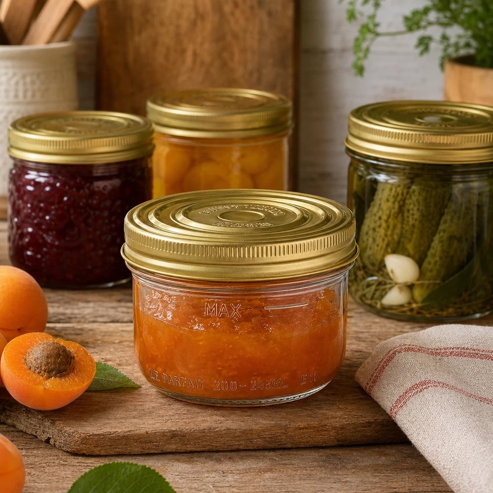 Vasetto Familia Wiss da 245 ml con coperchio dorato riempito di marmellata di albicocche su una tavola di legno accanto ad albicocche fresche