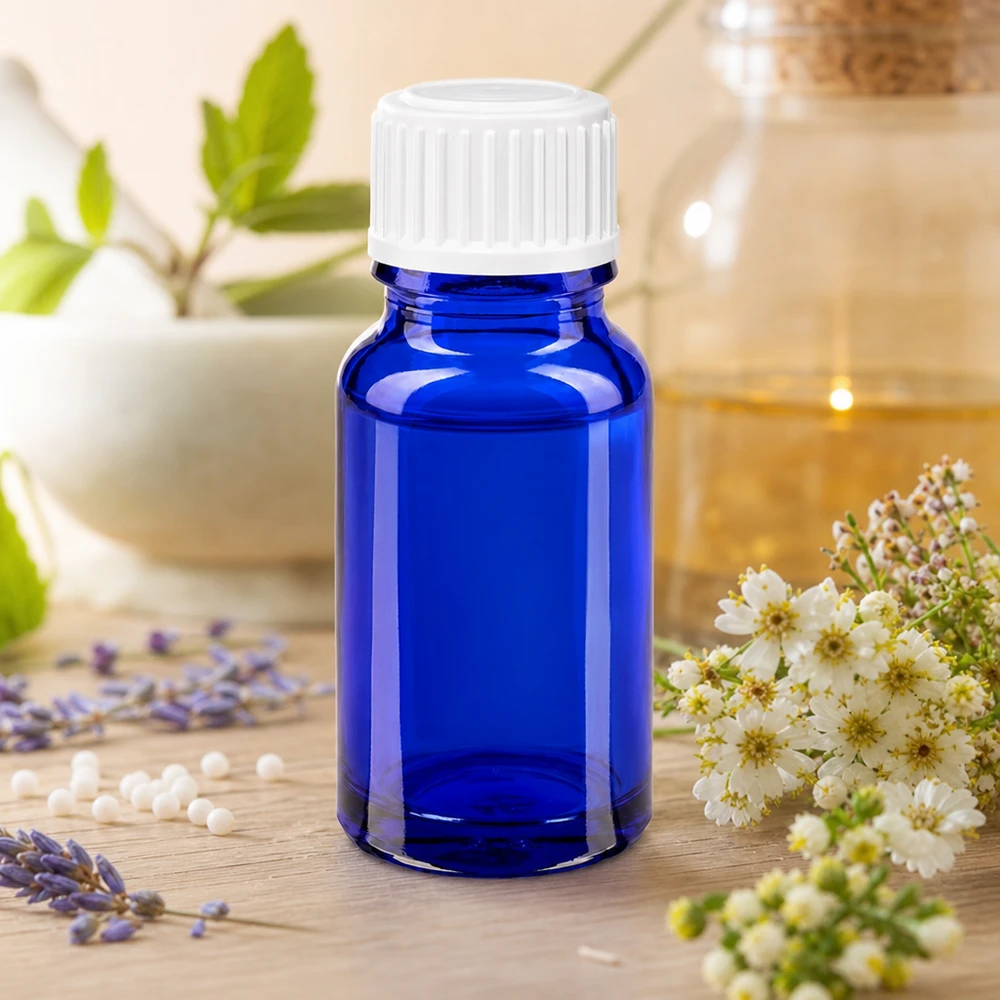 Flacone 10ml blu (Glo.) GR STD bianco/3mm ApoGlas Fialetta omeopatica in vetro blu da 10 ml con tappo bianco, accanto a lavanda ed erbe medicinali