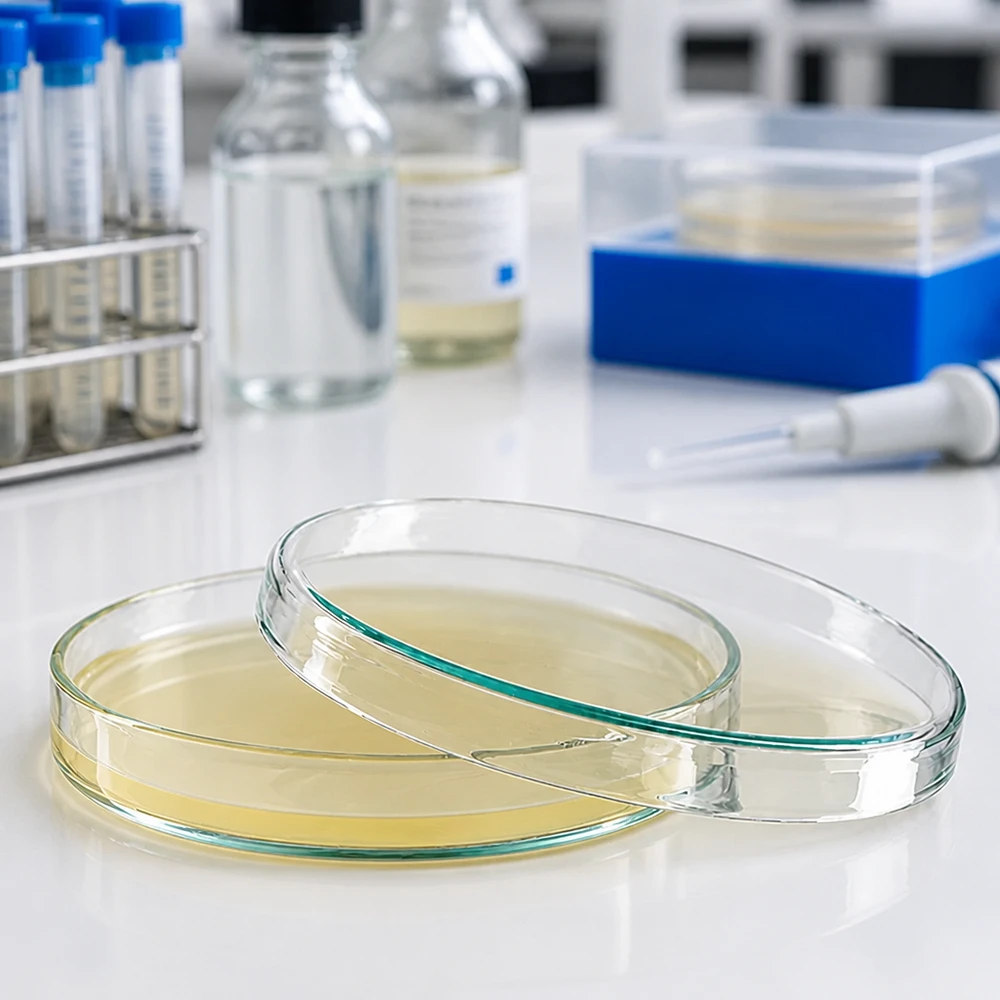 Piastra Petri 100x10mm in vetro Piastra di Petri 100x10 mm in vetro trasparente privo di borosilicato con agar nutriente giallo in laboratorio