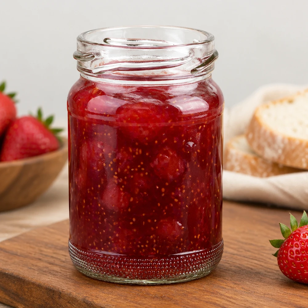 UNiTWIST Runda110 - Barattolo rotondo capacità 110ml TO48 UNiTWIST Runda110 vaso rotondo 110ml TO48 pieno di marmellata di fragole rosse su una tavola di legno accanto a fragole fresche