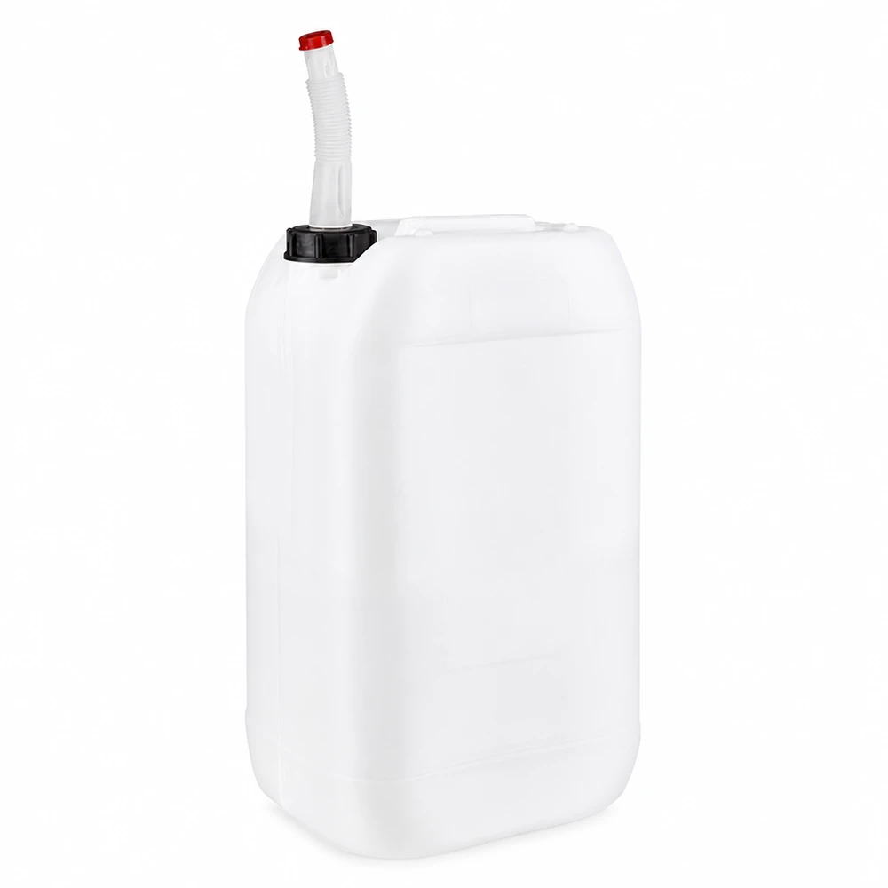 Tanica da 15 litri con tubo di uscita flessibile Tanica di plastica bianca da 15 litri con tubo di scarico flessibile e tappo rosso