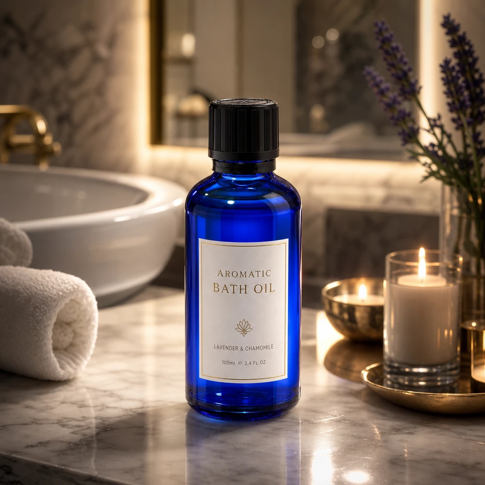 Vaso da farmacia blu da 50 ml con contagocce da 1 mm su una superficie di marmo, accanto a candele accese in una vasca da bagno wellness