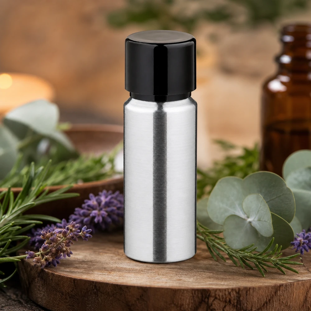 Bottiglia in alluminio lucido da 20 ml con tappo a vite Flacone ricaricabile in alluminio da 20 ml con texture lucida per prodotti di cura naturali