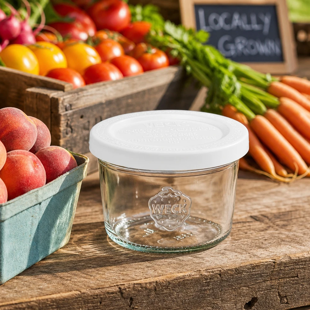Bicchieri WECK RR60 da 80 ml con coperchio fresco tra verdura e frutta fresca su un tavolo di legno rustico per una conservazione naturale.