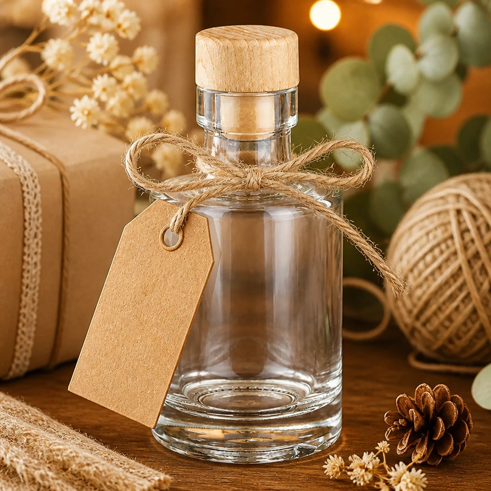 Bottiglia in vetro da 100 ml Marie con tappo in sughero con impugnatura in legno UNiTWIST® Bottiglia in vetro Marie da 100 ml con tappo in legno, confezionata con nastro di iuta e etichetta regalo in stile rustico.