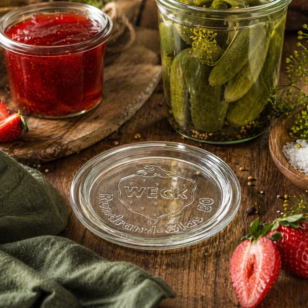 Coperchio per barattolo WECK RR80 in una scena di cucina naturale con barattoli di sottaceti e marmellata su un tavolo di legno
