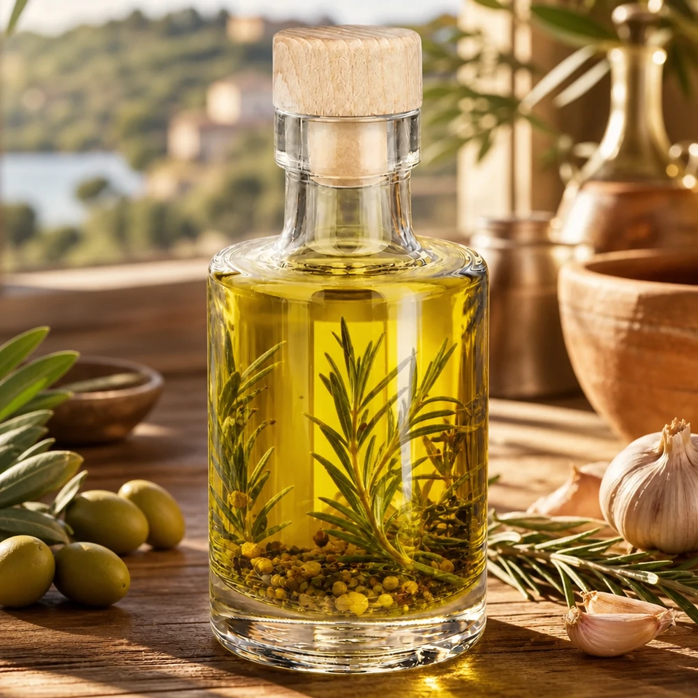 Bottiglia da 100ml in vetro Marie con tappo in legno riempita con olio alle erbe rosmarino in grani accanto a olive e aglio mediterra
