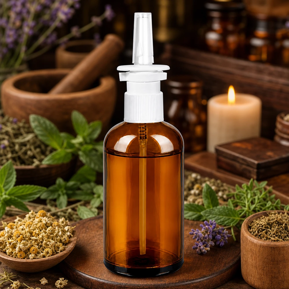 Flacone spray nasale da 100 ml c/tr. STD BrownLine UT18/100 Piccola e maneggevole bottiglia di vetro marrone da 100 ml, perfetta per soluzioni saline e spray fatti in casa