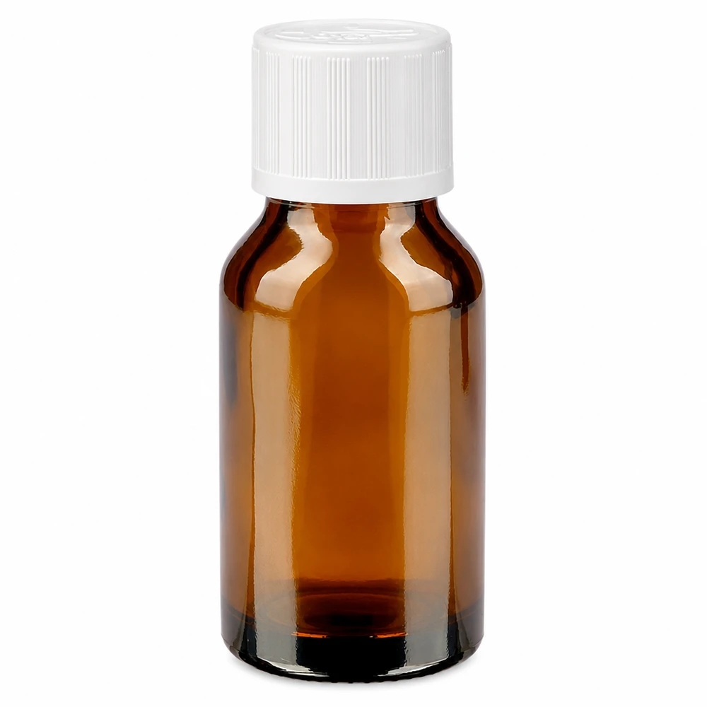 Flacone da farmacia marrone da 30 ml con tappo di sicurezza per bambini bianco, realizzato in vetro ambrato di alta qualità